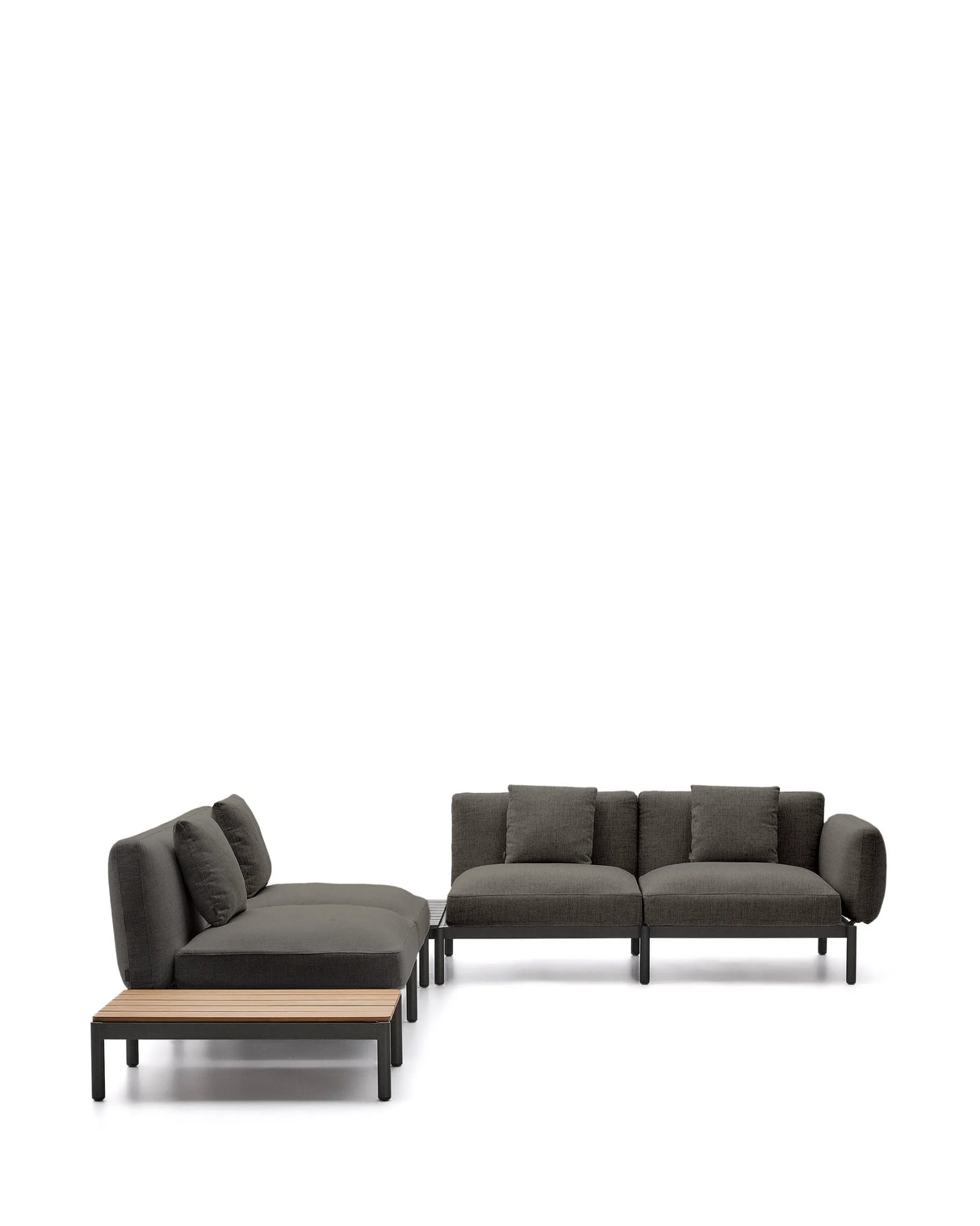 Modulares Outdoor-Ecksofa Sorells mit 4 Sitzplätzen mit grauer Polsterung und grauem Aluminium, mit Tisch aus Teakholz, 353 x 316,5 cm, FSC 100 % von Kave Home – Produktbild 10