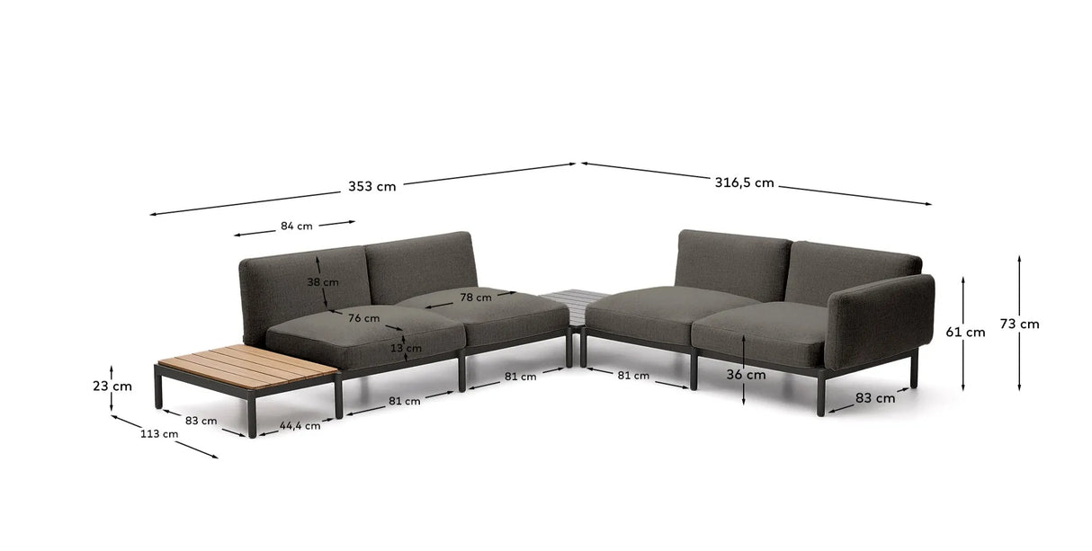 Modulares Outdoor-Ecksofa Sorells mit 4 Sitzplätzen mit grauer Polsterung und grauem Aluminium, mit Tisch aus Teakholz, 353 x 316,5 cm, FSC 100 % von Kave Home – Produktbild 4