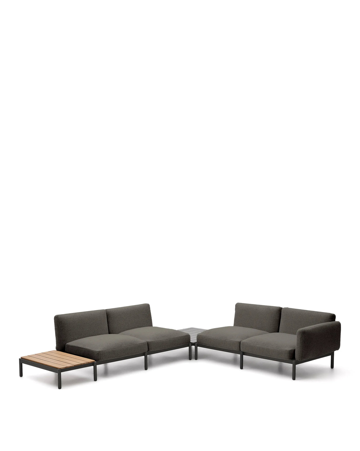 Modulares Outdoor-Ecksofa Sorells mit 4 Sitzplätzen mit grauer Polsterung und grauem Aluminium, mit Tisch aus Teakholz, 353 x 316,5 cm, FSC 100 % von Kave Home – Produktbild 6
