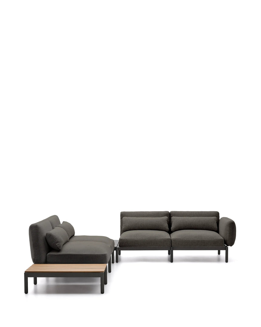 Modulares Outdoor-Ecksofa Sorells mit 4 Sitzplätzen mit grauer Polsterung und grauem Aluminium, mit Tisch aus Teakholz, 353 x 316,5 cm, FSC 100 % von Kave Home – Produktbild 7