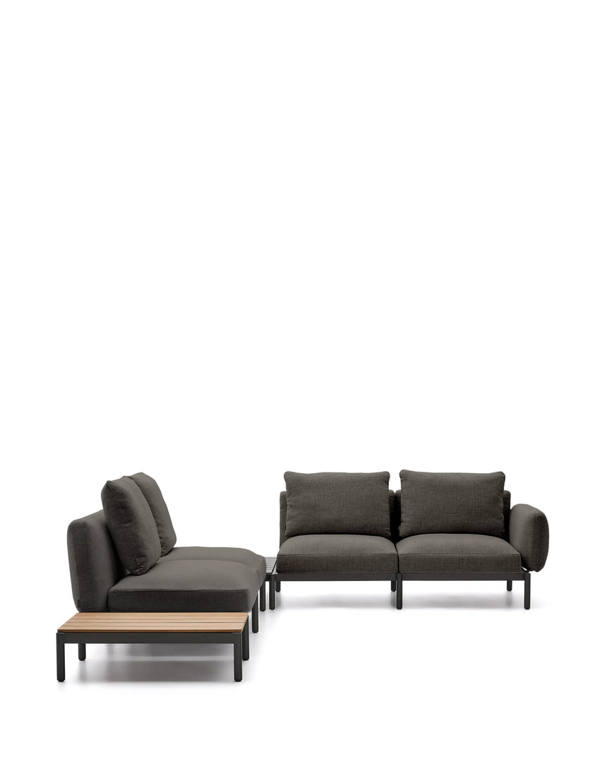 Modulares Outdoor-Ecksofa Sorells mit 4 Sitzplätzen mit grauer Polsterung und grauem Aluminium, mit Tisch aus Teakholz, 353 x 316,5 cm, FSC 100 % von Kave Home – Produktbild 8