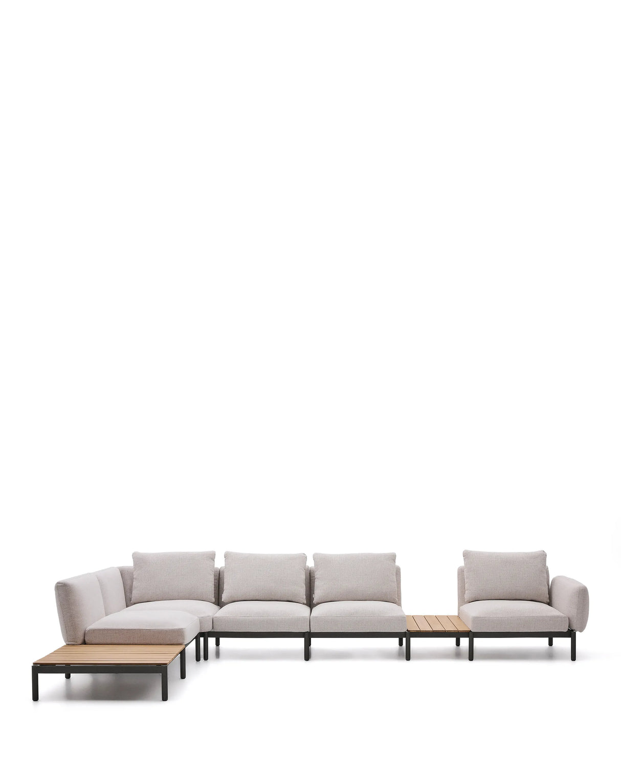 Modulares Outdoor-Ecksofa Sorells mit 5 Sitzplätzen mit beigefarbener Polsterung und grünem Aluminium, mit Tischen aus Teakholz, 277 x 446 cm, FSC 100 % von Kave Home – Produktbild 11