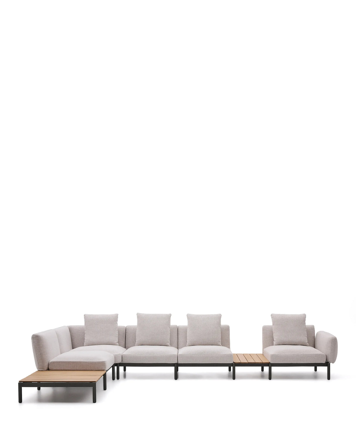 Modulares Outdoor-Ecksofa Sorells mit 5 Sitzplätzen mit beigefarbener Polsterung und grünem Aluminium, mit Tischen aus Teakholz, 277 x 446 cm, FSC 100 % von Kave Home – Produktbild 12