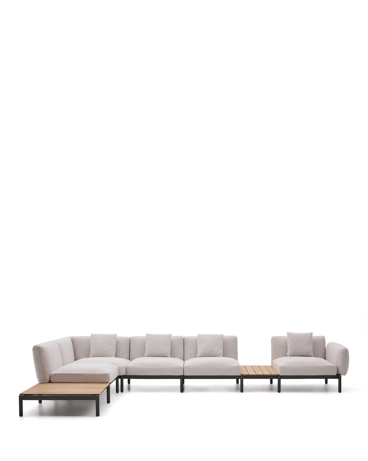 Modulares Outdoor-Ecksofa Sorells mit 5 Sitzplätzen mit beigefarbener Polsterung und grünem Aluminium, mit Tischen aus Teakholz, 277 x 446 cm, FSC 100 % von Kave Home – Produktbild 13