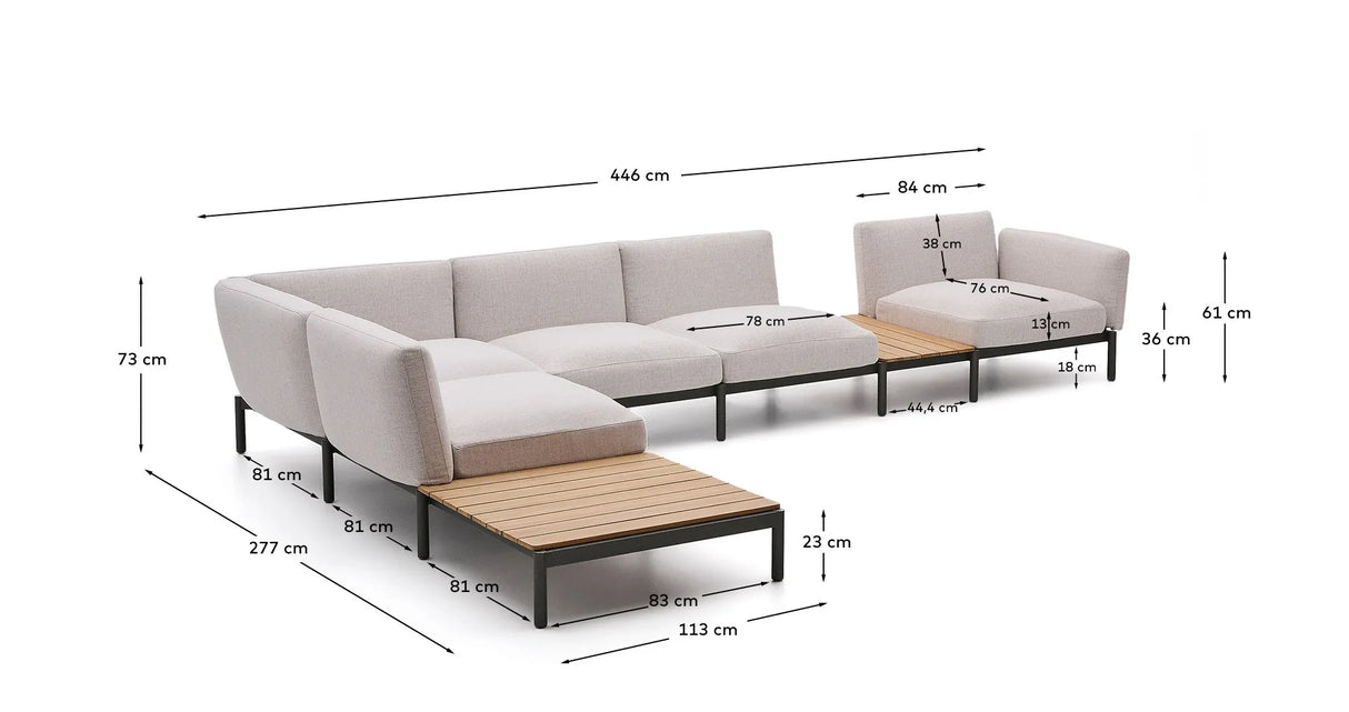Modulares Outdoor-Ecksofa Sorells mit 5 Sitzplätzen mit beigefarbener Polsterung und grünem Aluminium, mit Tischen aus Teakholz, 277 x 446 cm, FSC 100 % von Kave Home – Produktbild 6