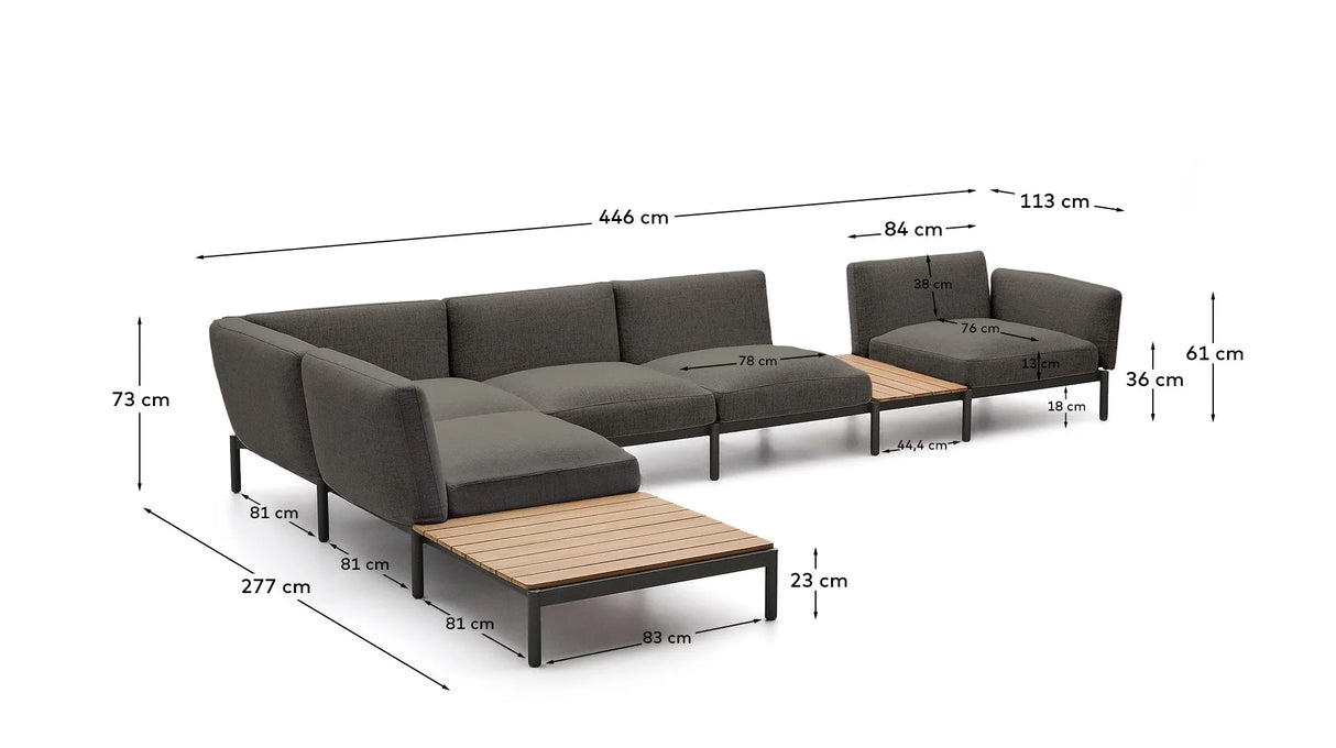 Modulares Outdoor-Ecksofa Sorells mit 5 Sitzplätzen mit grauer Polsterung und grauem Aluminium, mit Tischen aus Teakholz, 277 x 446 cm, FSC 100 % von Kave Home – Produktbild 6