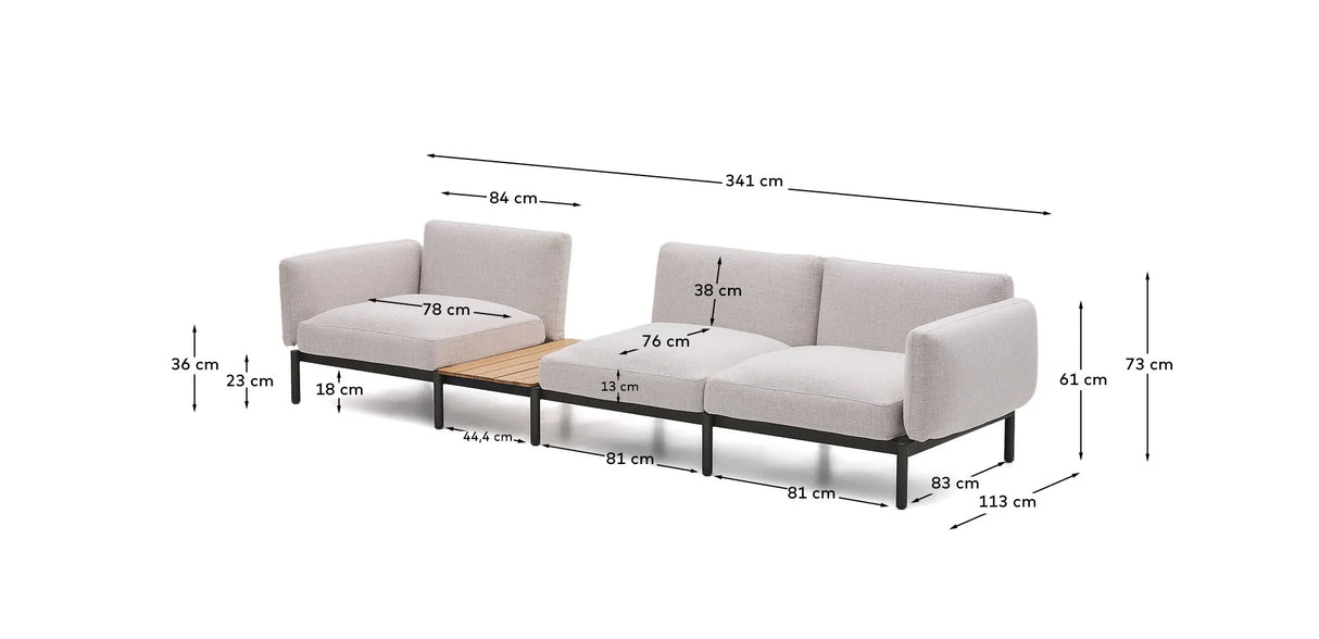 Modulares Outdoor-Sofa Sorells mit 3 Sitzplätzen mit beigefarbener Polsterung und grauem Aluminium, mit Tisch aus Teakholz, 341 x 113 cm, FSC 100 % von Kave Home – Produktbild 3