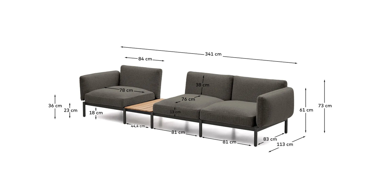 Modulares Outdoor-Sofa Sorells mit 3 Sitzplätzen mit grauer Polsterung und grauem Aluminium, mit Tisch aus Teakholz, 341 x 113 cm, FSC 100 % von Kave Home – Produktbild 3
