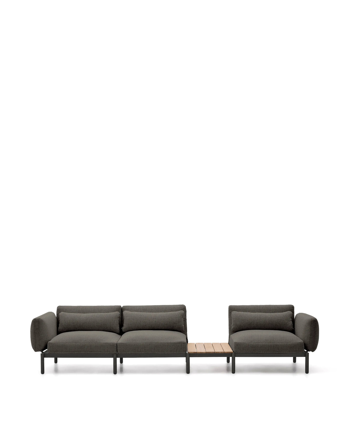 Modulares Outdoor-Sofa Sorells mit 3 Sitzplätzen mit grauer Polsterung und grauem Aluminium, mit Tisch aus Teakholz, 341 x 113 cm, FSC 100 % von Kave Home – Produktbild 7