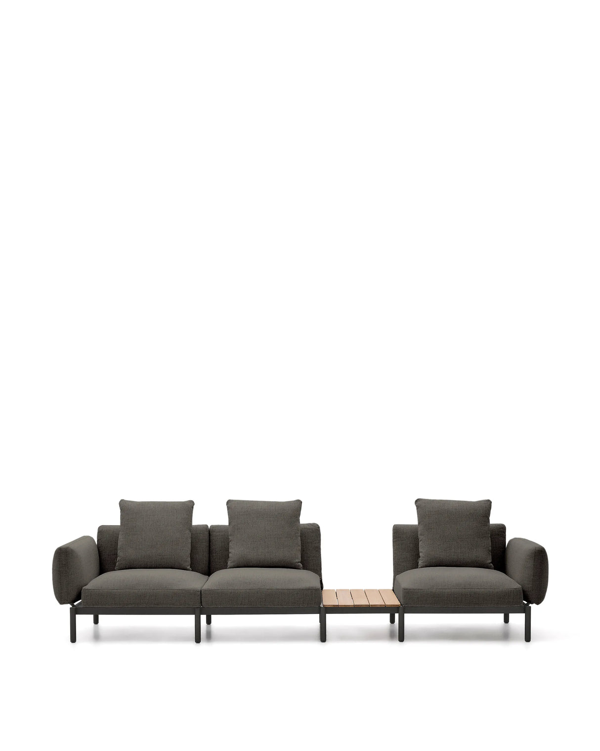 Modulares Outdoor-Sofa Sorells mit 3 Sitzplätzen mit grauer Polsterung und grauem Aluminium, mit Tisch aus Teakholz, 341 x 113 cm, FSC 100 % von Kave Home – Produktbild 9