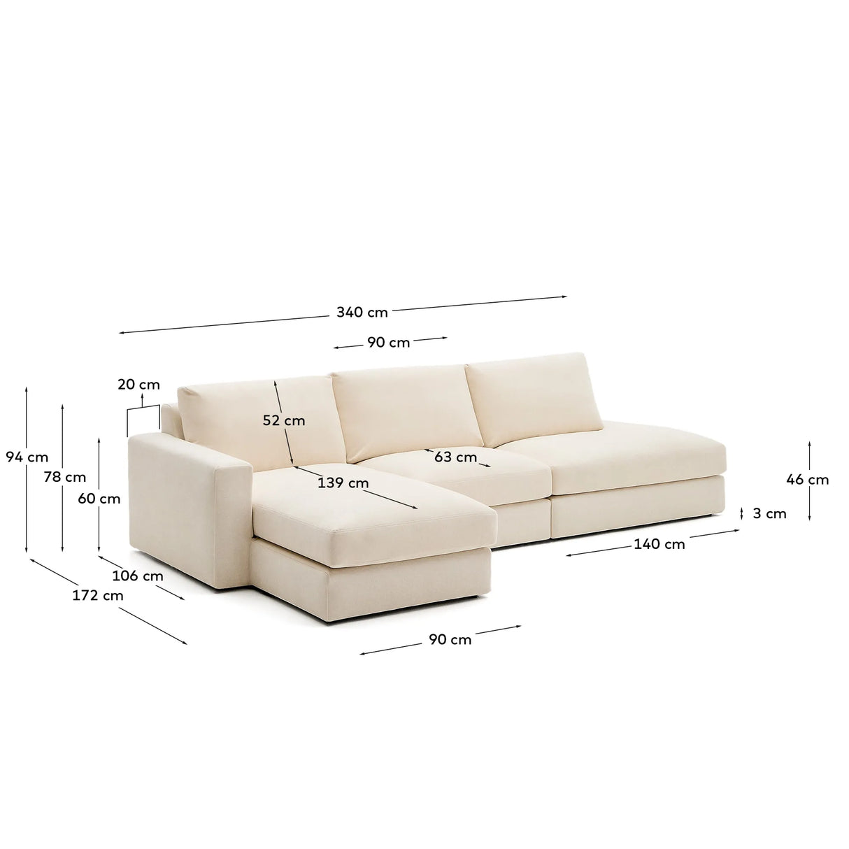 Modulares Sofa Alea für 5 Personen mit abnehmbarem Bezug aus Chenille mit Chaiselongue links in Ecru, 340 cm von Kave Home – Produktbild 5