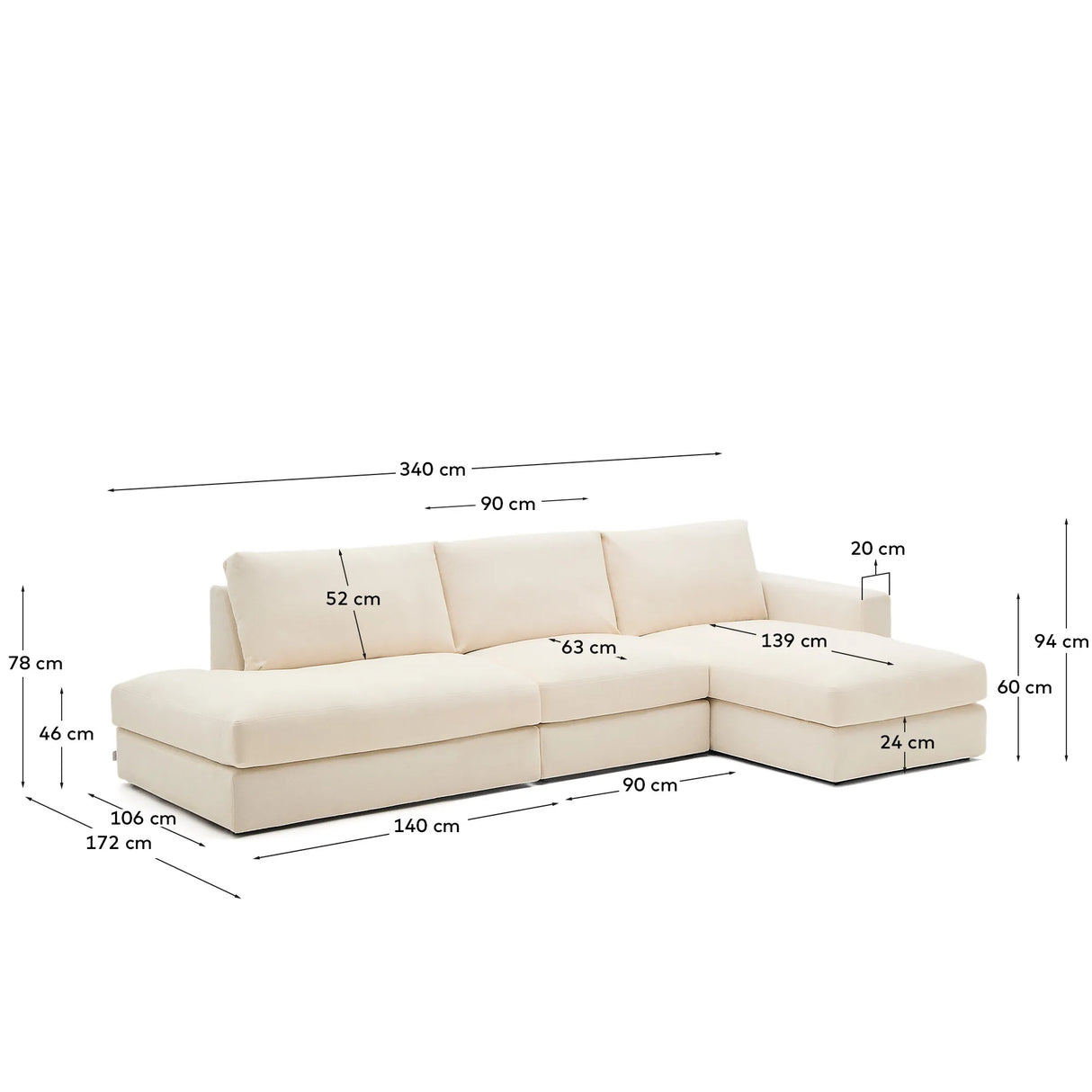 Modulares Sofa Alea für 5 Personen mit abnehmbarem Bezug aus Chenille mit Chaiselongue rechts in Ecru, 340 cm von Kave Home – Produktbild 6