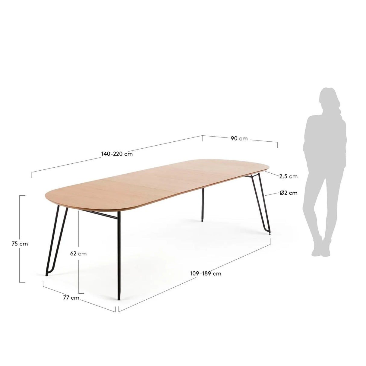Novac ausziehbarer Tisch 140 (220) x 90 cm mit Eichenfurnier und schwarzen Stahlbeinen von Kave Home – Produktbild 3