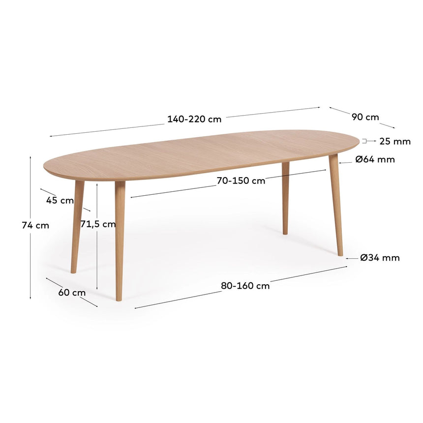 Oqui ovaler Ausziehtisch in Eichenfurnier und Beine aus Massivholz Ø 140 (220) x 90 cm von Kave Home – Bild 3