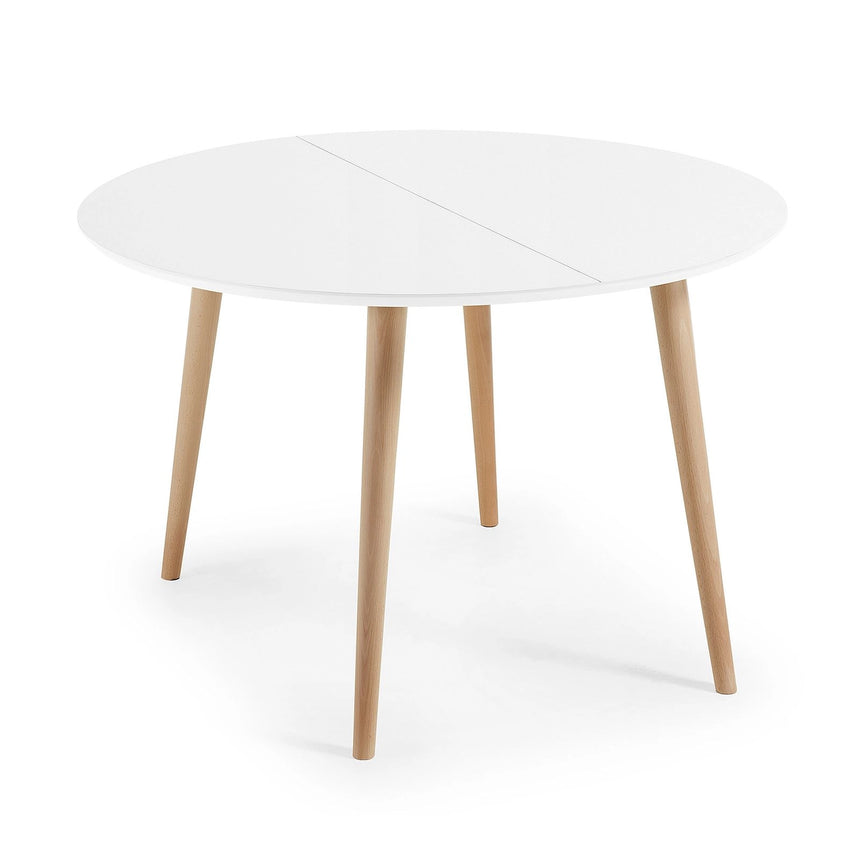 Oqui runder Ausziehtisch MDF weiß lackiert und Beine aus massiver Buche 120(200)x120 cm von Kave Home – Bild 1