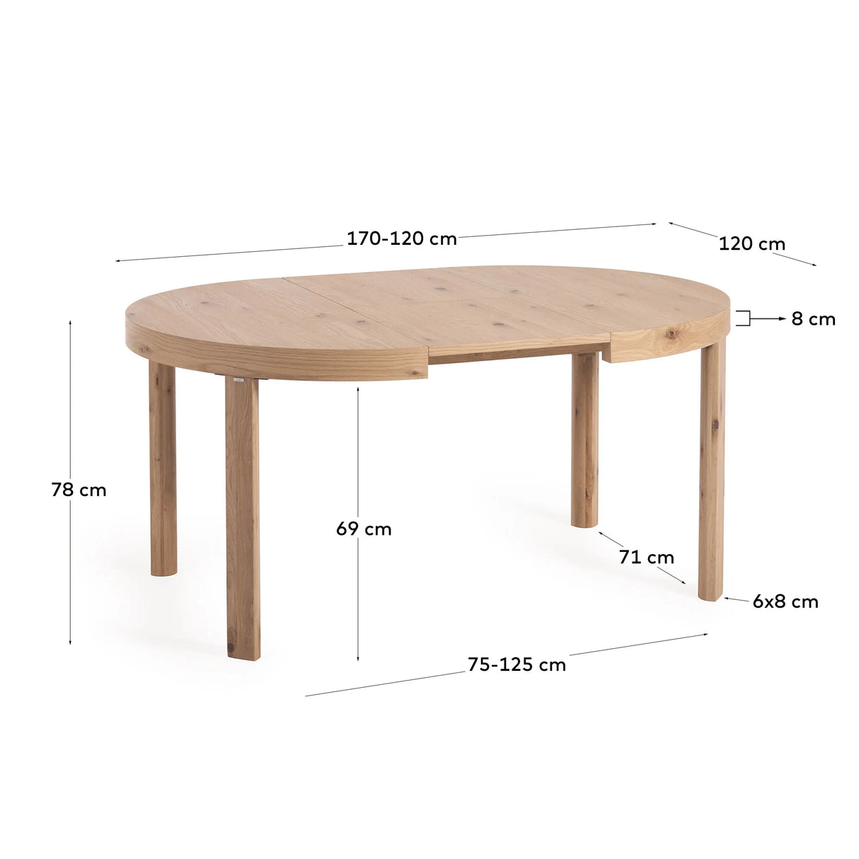 Runder Ausziehtisch aus Eichenfurnier und Beine in Massivholz Ø120(170) x 120 cm von Kave Home – Produktbild 6