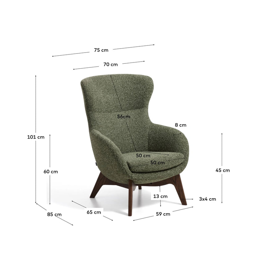Sessel Adiran mit dicker Chenille in Moosgrün und Beinen aus massivem Eichenholz mit Nussbaum-Finish von Kave Home – Bild 2
