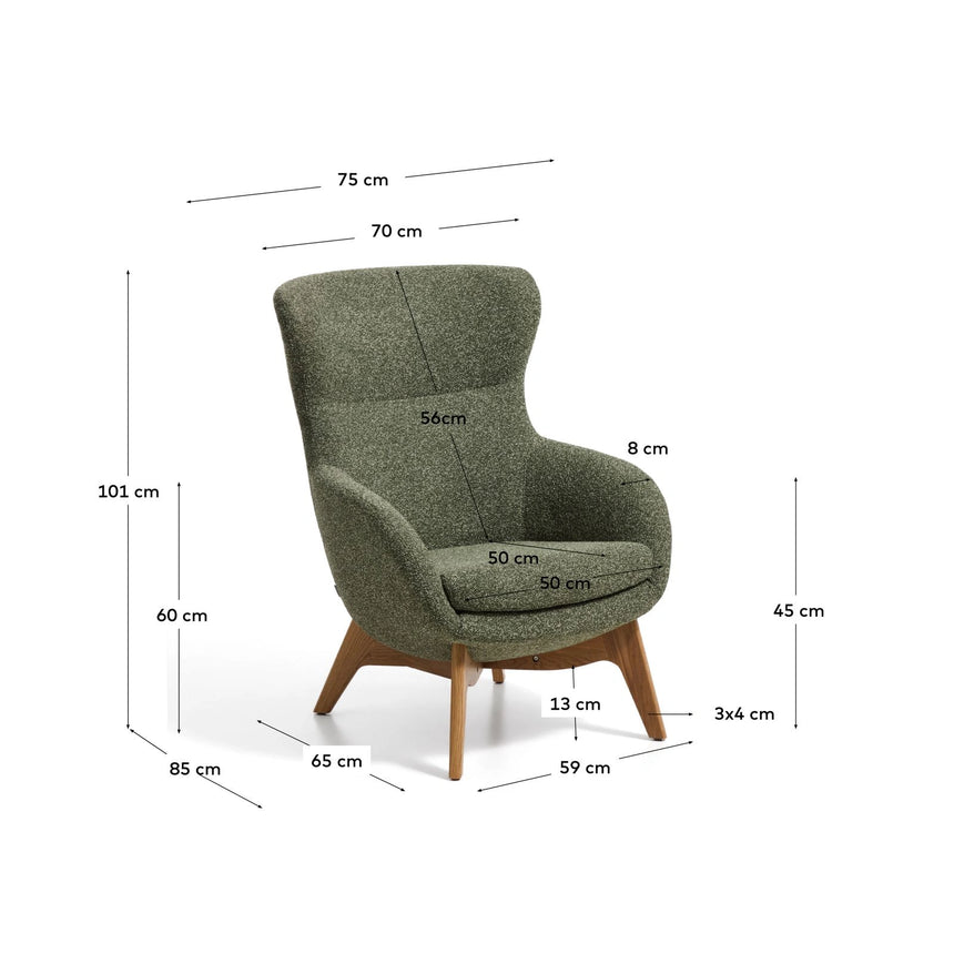 Sessel Adiran mit dicker Chenille in Moosgrün und Beinen aus massivem Eichenholz mit natürlichem Finish von Kave Home – Bild 5