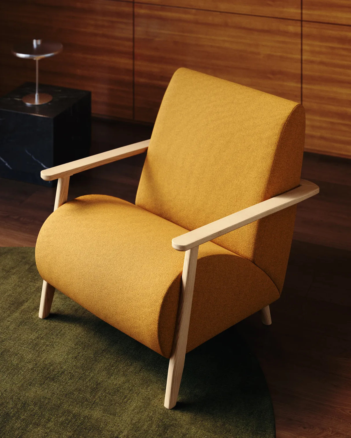 Sessel Meghan in schwer entflammbarem Lammfellimitat in Senfgelb mit massivem Eschenholz mit Natur-Finish, FSC Mix Credit von Kave Home – Produktbild 2