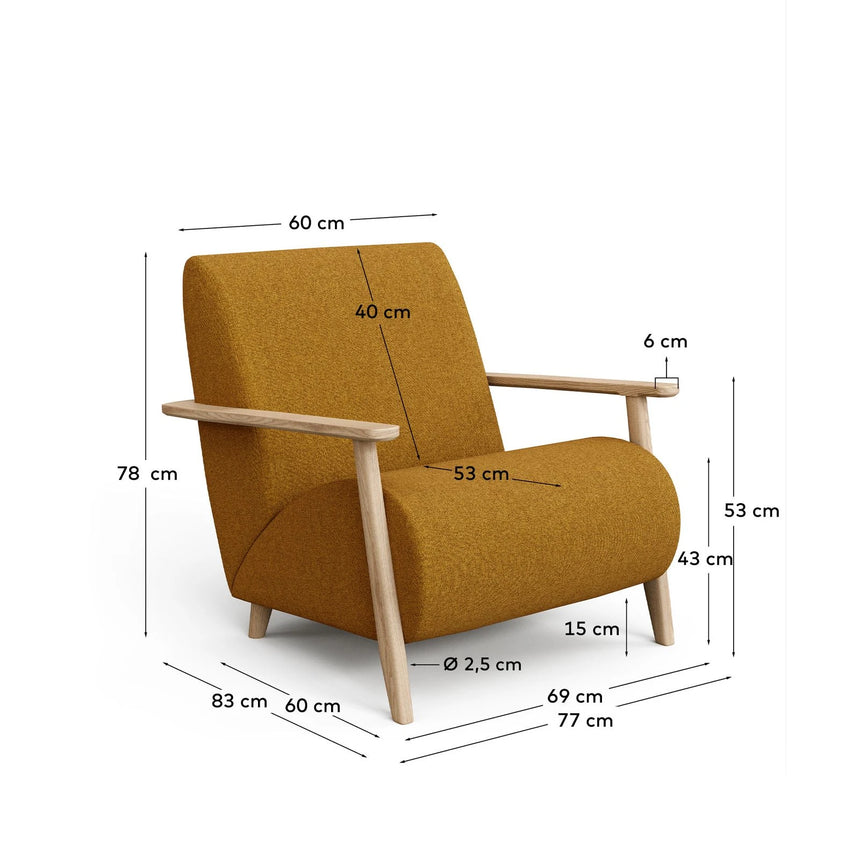 Sessel Meghan in schwer entflammbarem Lammfellimitat in Senfgelb mit massivem Eschenholz mit Natur-Finish, FSC Mix Credit von Kave Home – Produktbild 3
