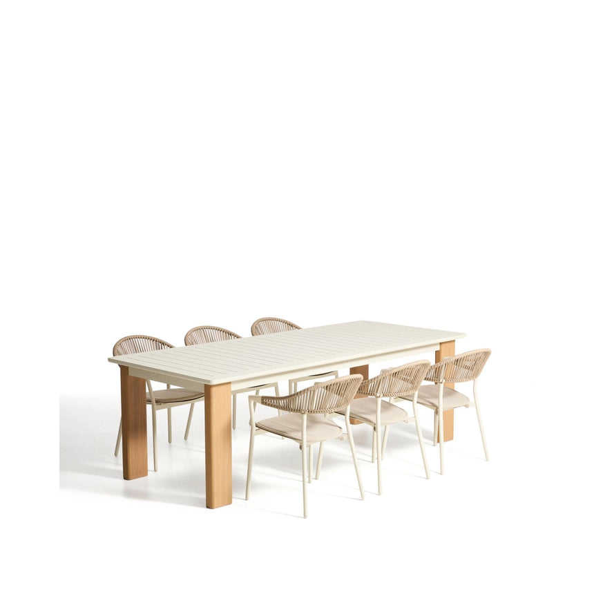 Set Ausziehtisch Livorno aus Aluminium in Ecru, Beine in Holzoptik, 6 Stühle Alimia aus Aluminium in Ecru und Synthetikseil Beige, 233 (350) x 100 cm von Kave Home – Bild 2