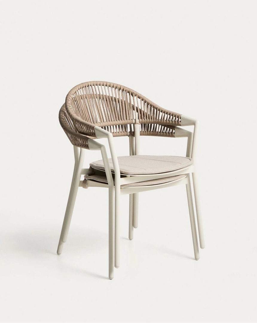 Set Ausziehtisch Livorno aus Aluminium in Ecru, Beine in Holzoptik, 6 Stühle Alimia aus Aluminium in Ecru und Synthetikseil Beige, 233 (350) x 100 cm von Kave Home – Bild 4