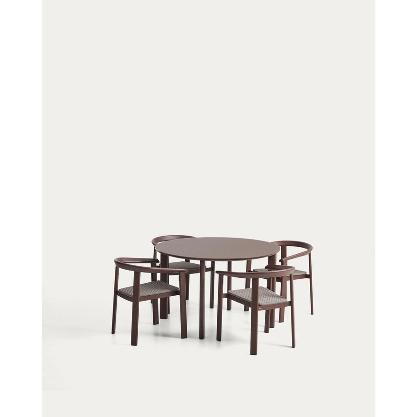 Set Erice mit 4 Stapelstühlen aus Aluminium und Seil und einem Tisch aus Aluminium und gehärtetem Glas in Braun, Ø 120 cm von Kave Home – Bild 1