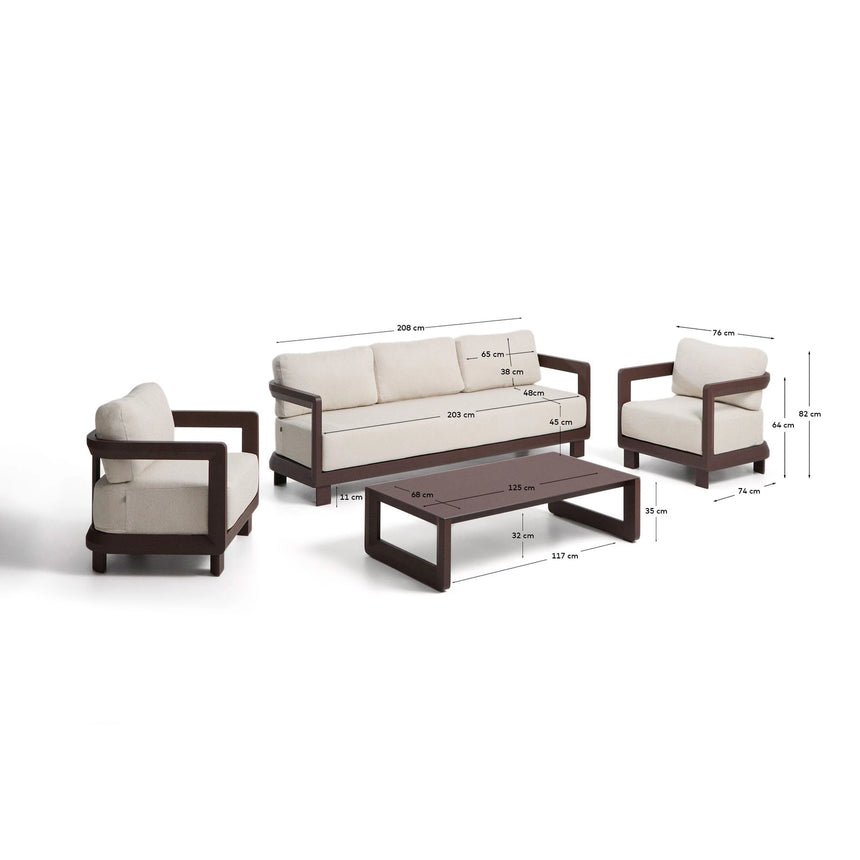 Set Nerano mit 3-Sitzer-Sofa, 2 Sesseln und Couchtisch aus gehärtetem Glas und Aluminium von Kave Home – Bild 6