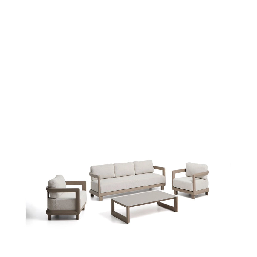 Set Nerano mit 3-Sitzer-Sofa, 2 Sesseln und Couchtisch aus gehärtetem Glas und Aluminium in Taupe von Kave Home – Bild 1