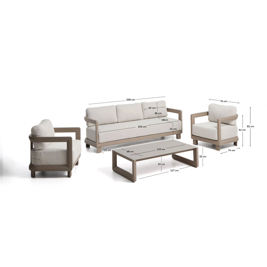 Set Nerano mit 3-Sitzer-Sofa, 2 Sesseln und Couchtisch aus gehärtetem Glas und Aluminium in Taupe von Kave Home – Bild 4