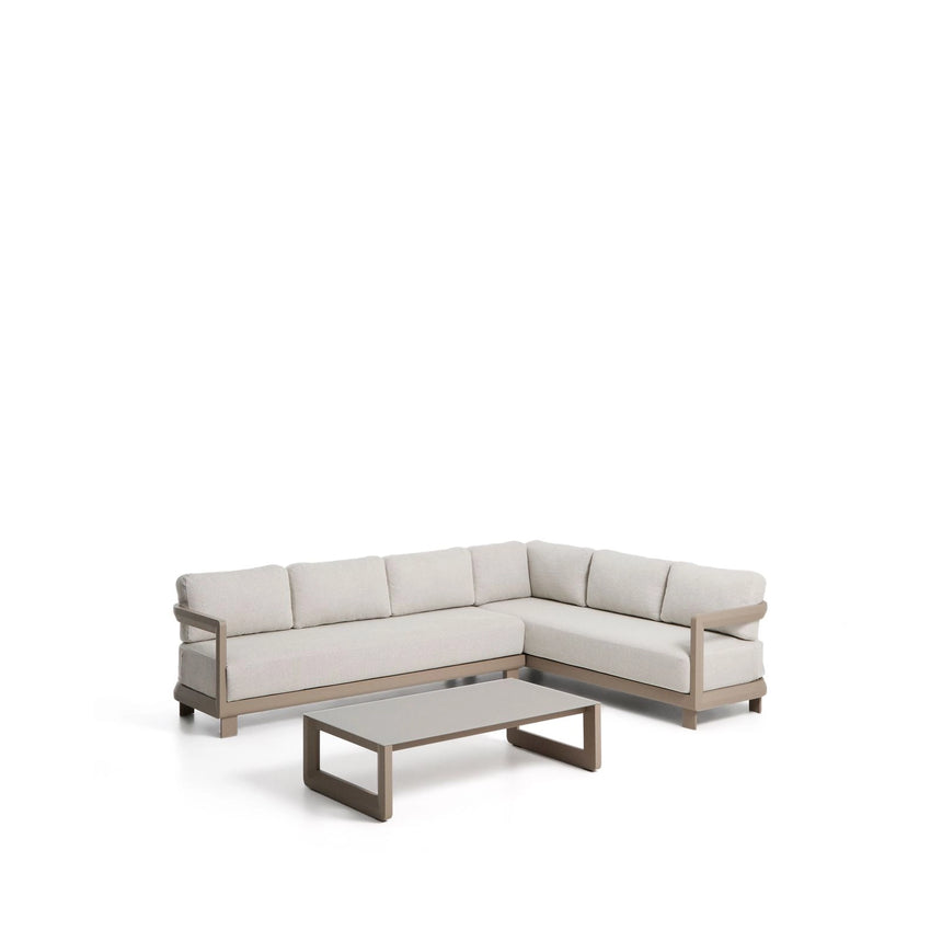 Set Nerano mit 5-Sitzer-Ecksofa und Couchtisch aus gehärtetem Glas und Aluminium in Taupe von Kave Home – Bild 1