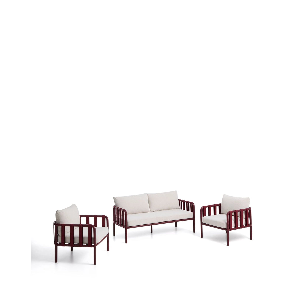 Set Omala aus einem 2-Sitzer-Sofa und 2 Sesseln aus Seil und Aluminium in Bordeauxrot von Kave Home – Bild 1