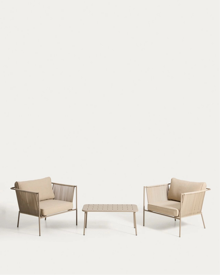Set Zivia mit 2 Sesseln aus ecrufarbenem Seil und taupefarbenem verzinktem Stahl und Tisch aus taupefarbenem verzinktem Stahl 90 x 50 cm von Kave Home – Bild 1