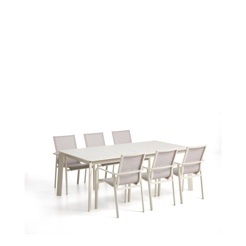 Set mit Ausziehtisch Brela aus Aluminium in Ecru und 6 stapelbaren Stühlen Canea aus Aluminium in Ecru und beigem Texteline 205(287)x100 cm von Kave Home – Bild 1