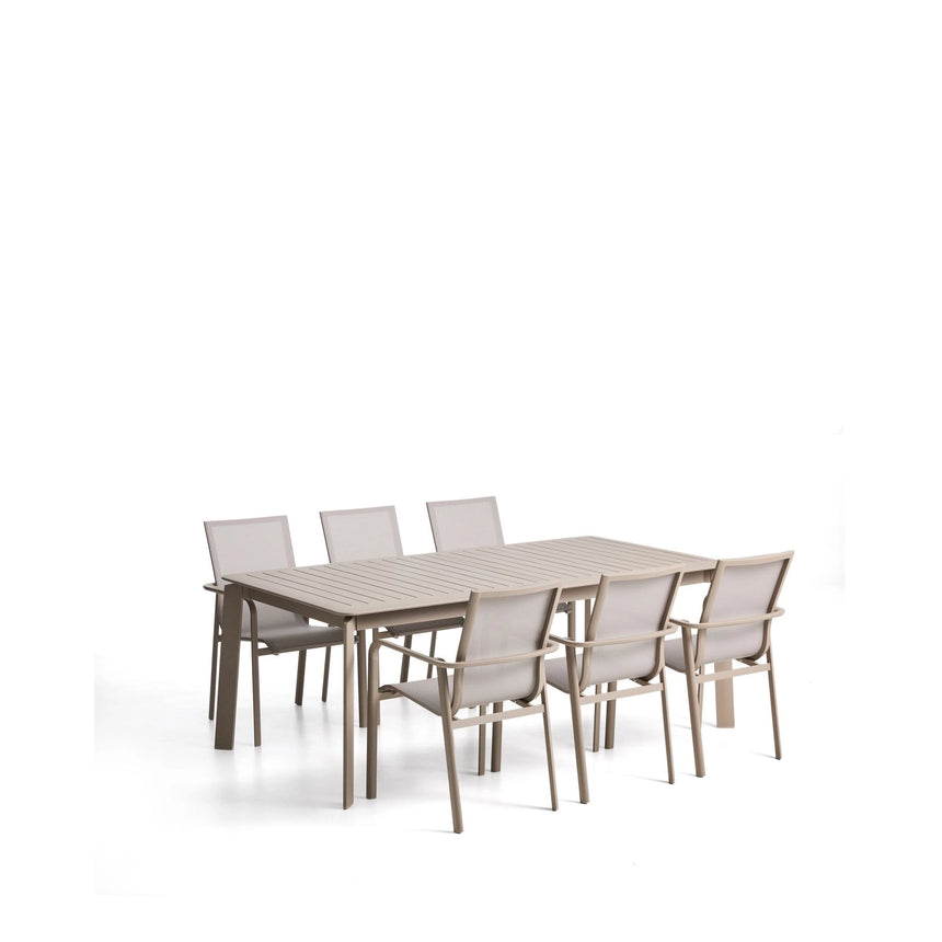 Set mit Ausziehtisch Brela aus Aluminium und 6 stapelbaren Stühlen Canea aus Aluminium und beigem Textilene 205(287)x100 cm von Kave Home – Bild 1