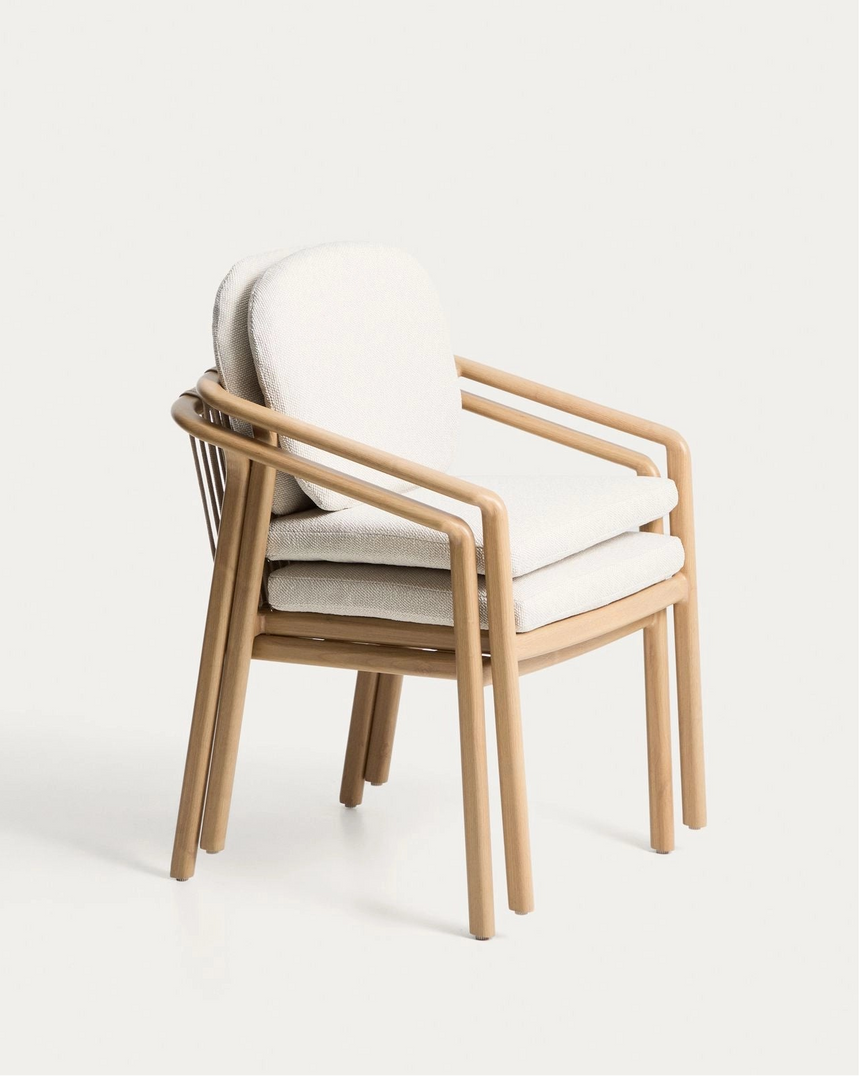 Set mit Tisch Mirtia aus Aluminium Holzoptik und gesintertem Stein Ecru und 6 Stühlen Sirte aus Aluminium Holzoptik und Seil Ecru, Ø 148 cm von Kave Home – Bild 4