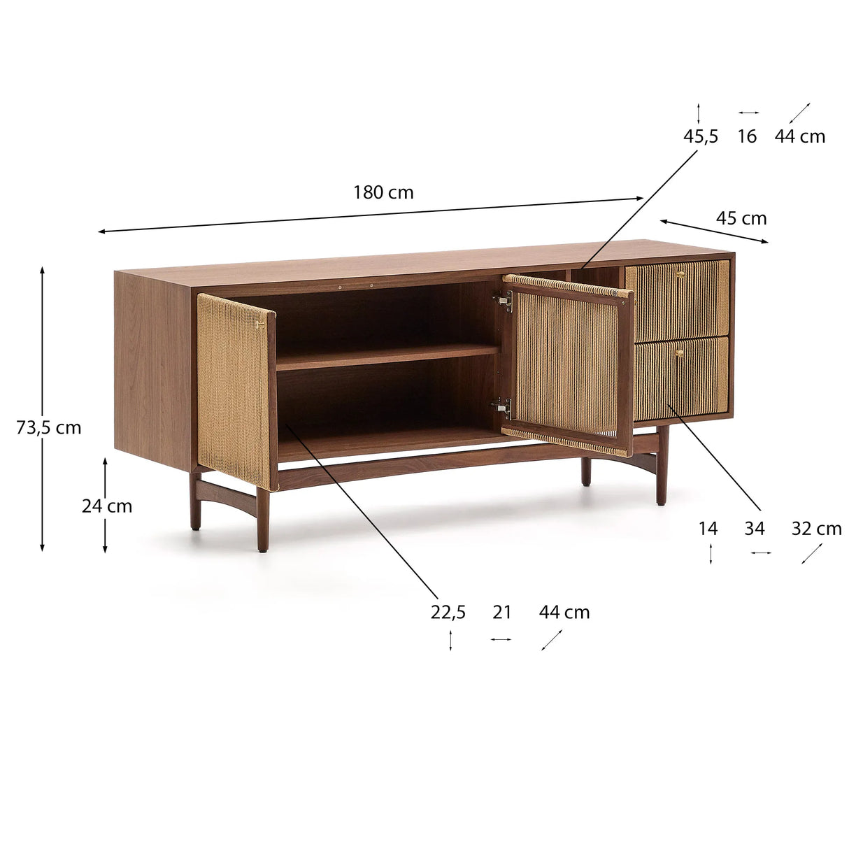 Sideboard Elan 2 Türen 2 Schubladen massives Nussholz und Furnier Seil 180x73cm FSC Mix Credit von Kave Home – Produktbild 3