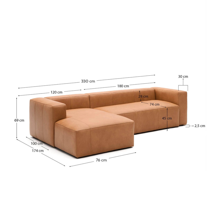Sofa Blok aus braunem Leder 4-Sitzer Chaiselongue links 330 cm von Kave Home – Produktbild 3