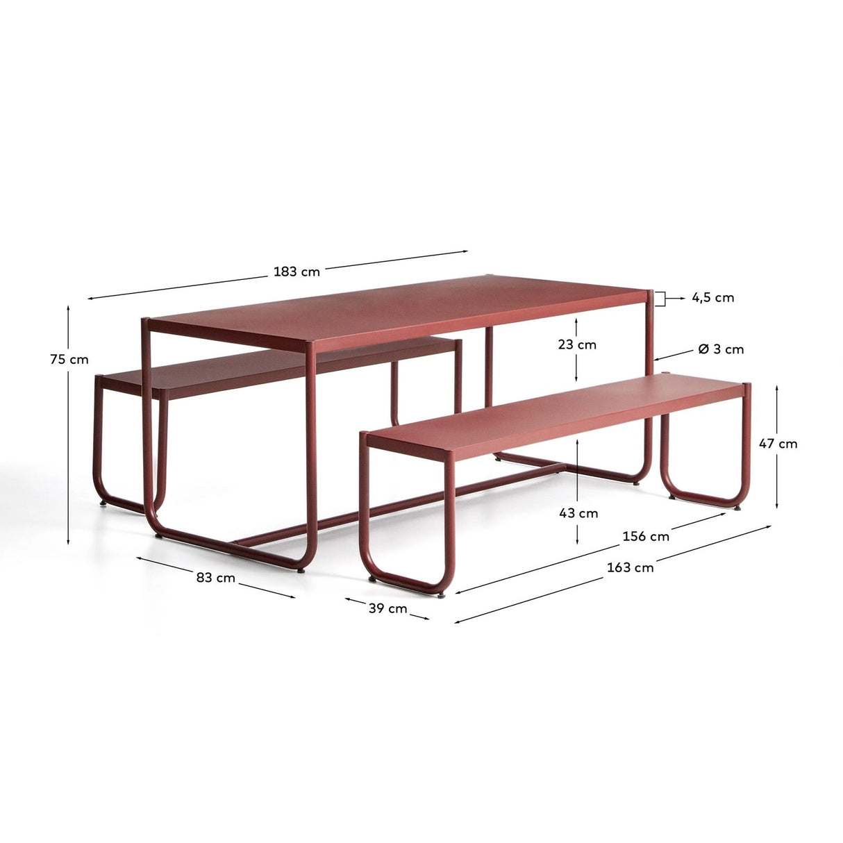 Sotil Set aus 2 Bänken und Tisch aus verzinktem Stahl mit granatfarbenem Finish 183 x 83 cm von Kave Home – Bild 5