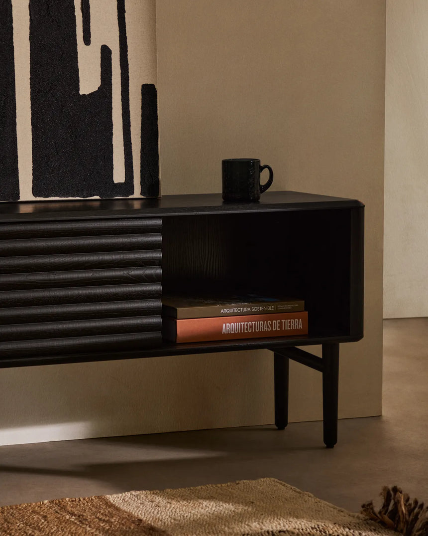 TV-Möbel Lenon 2 Türen Massivholz und Eichenfurnier schwarz 200x57 cm FSC Mix Kredit von Kave Home – Bild 3