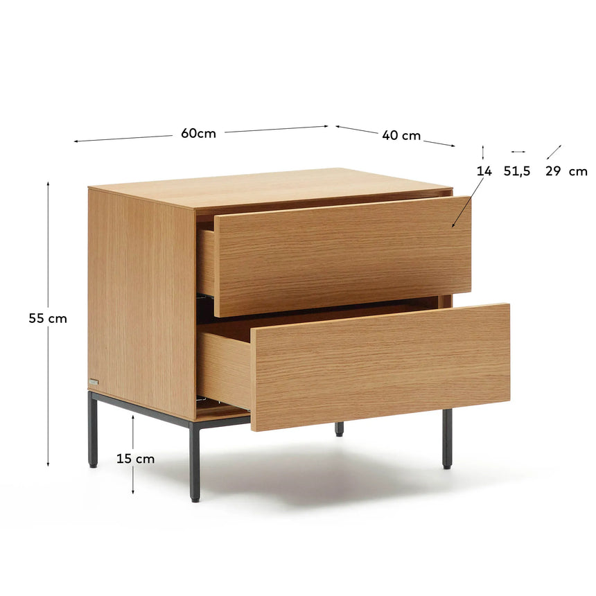 Vedrana Nachttisch 2 Schubladen aus Eichenfurnier und Stahlbeinen in Schwarz 60 x 55 cm von Kave Home – Produktbild 5