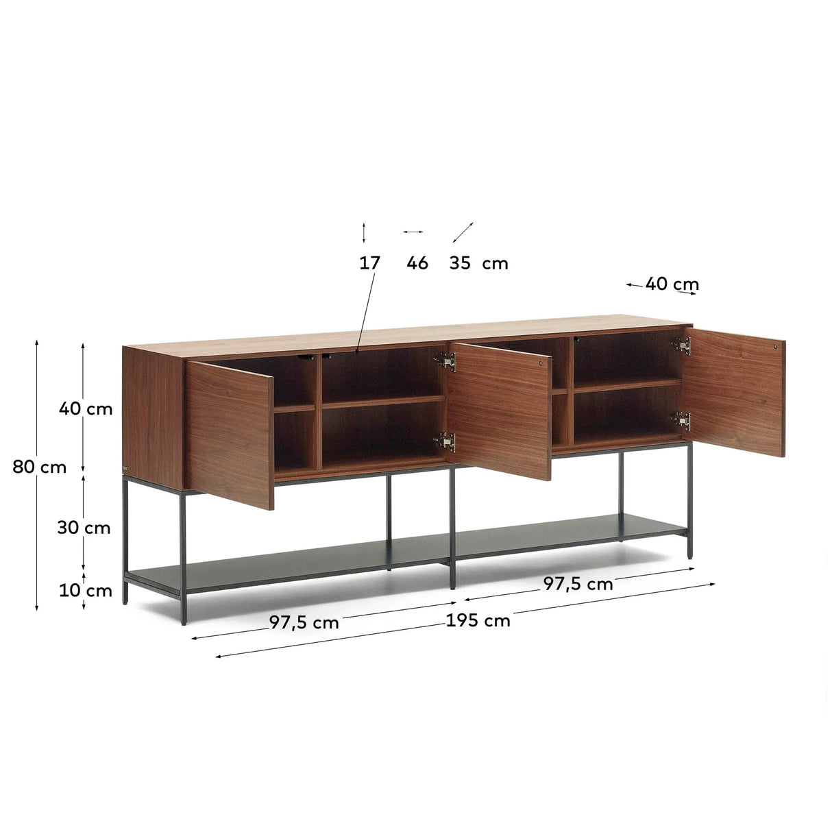 Vedrana Sideboard 3 Türen aus Nussholzfurnier und Stahlbeine in Schwarz 195 x 80 cm von Kave Home – Produktbild 5