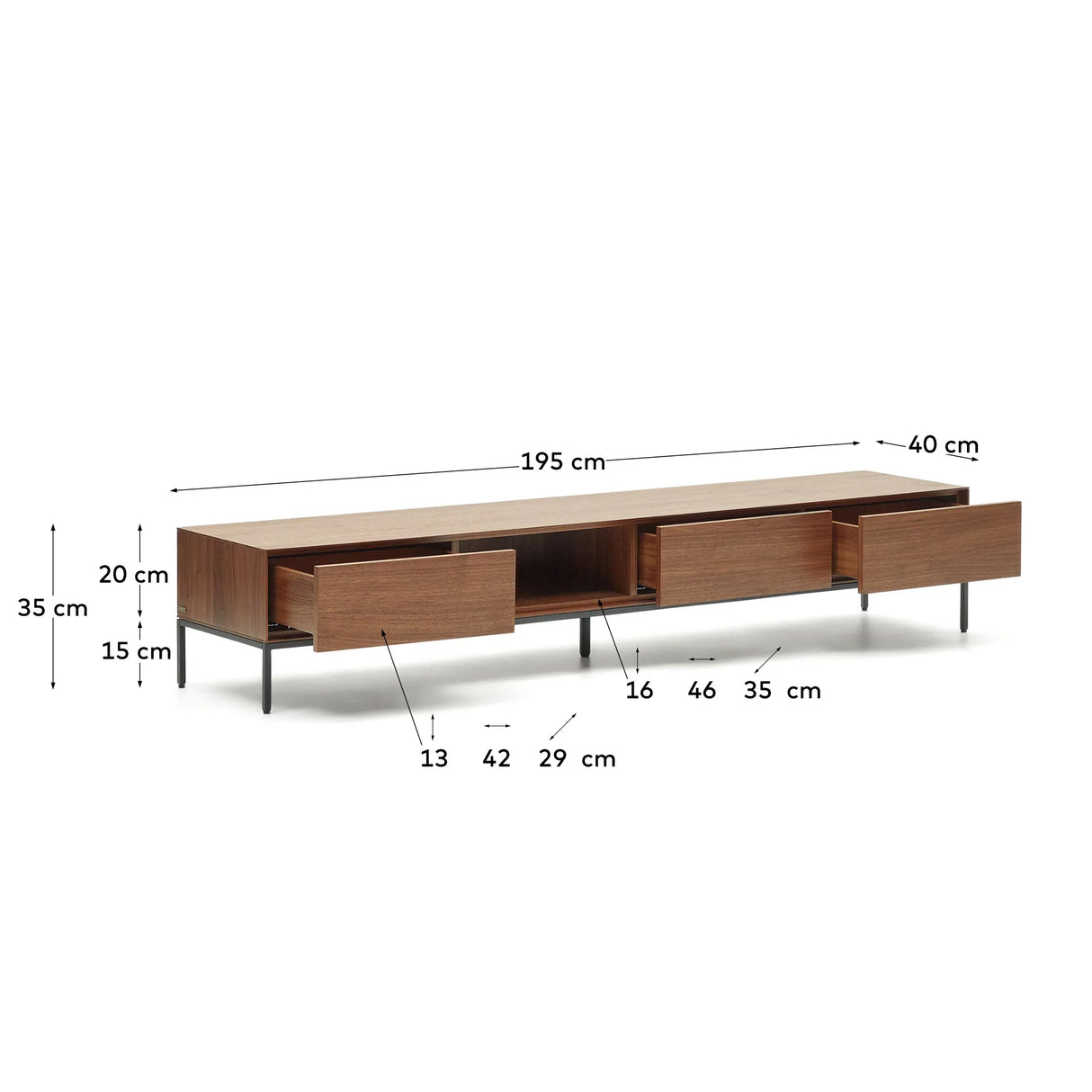 Vedrana TV-Schrank 3 Schubladen aus Nussholzfurnier und Stahlbeine in Schwarz 195 x 35 cm von Kave Home – Produktbild 6