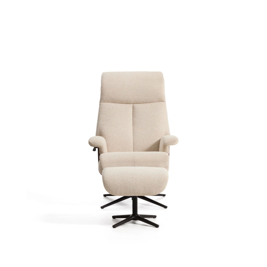 Verstellbarer Drehsessel Toriel mit Fußablage in beigem Microbouclé und mit Beinen aus Aluminium mit schwarzem Finish, FSC Mix Credit von Kave Home – Bild 9