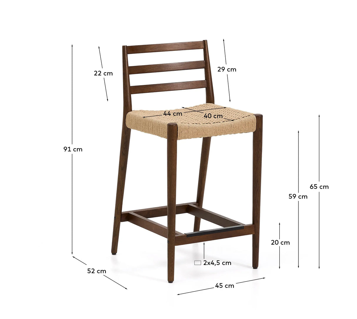 Analy Barhocker mit Rückenlehne aus massivem Eichenholz mit Nussbaum-Finish und Sitzfläche aus Seil, 65 cm, FSC 100% – Bild 3