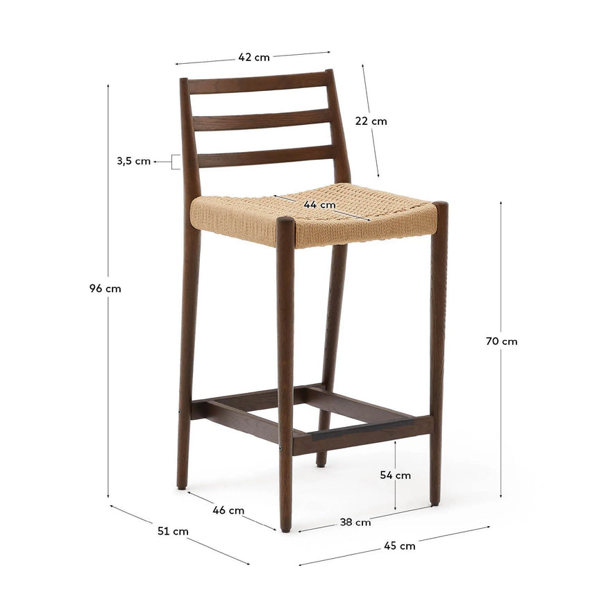 Analy Barhocker Rückenlehne massives Eichenholz mit Nussbaum-Finish und Seilsitzfläche 70 cm FSC 100% – Bild 5