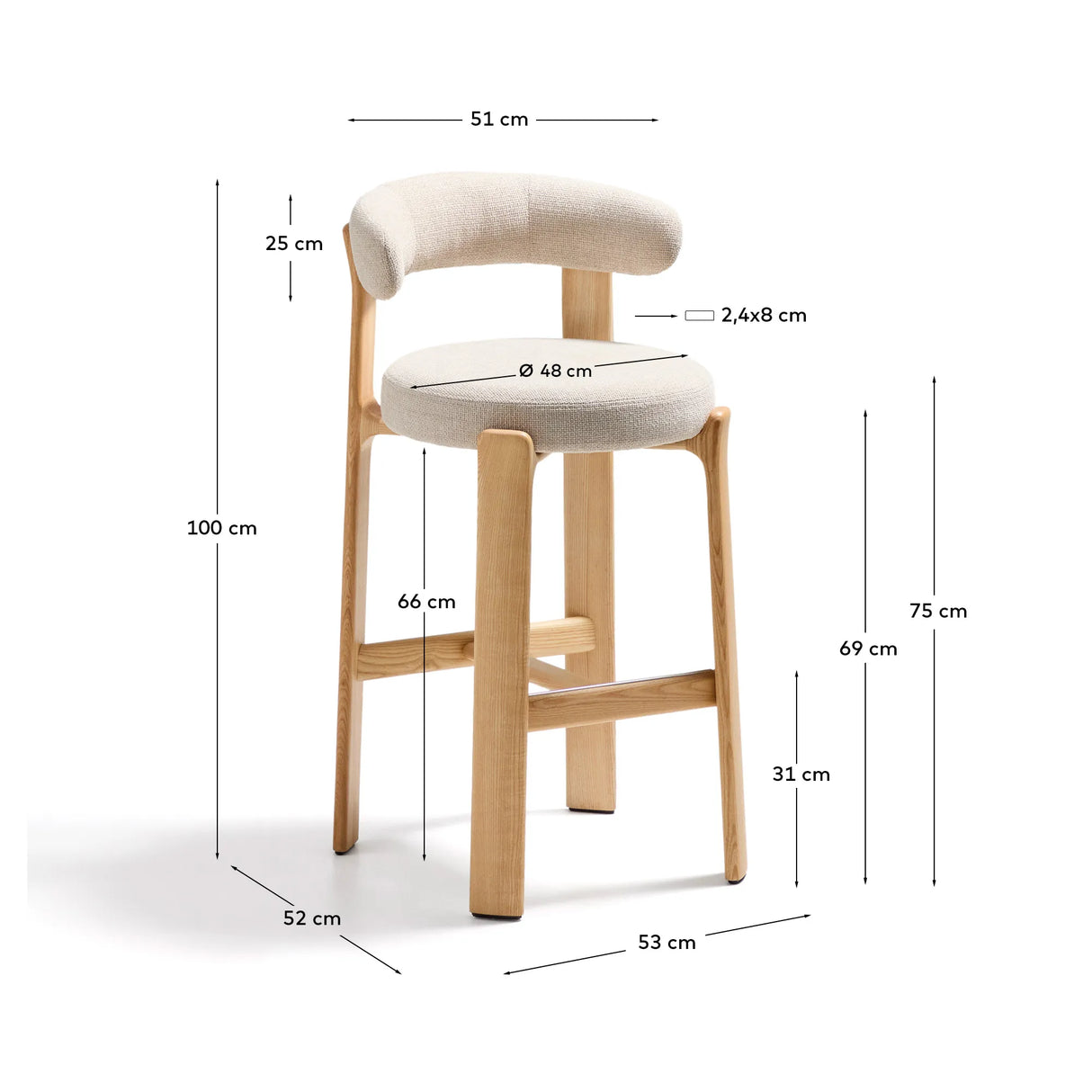 Hocker Granite aus beigefarbener Chenille und massivem Eschenholz mit naturfarbenem Finish, FSC 100%, 75 cm – Bild 4