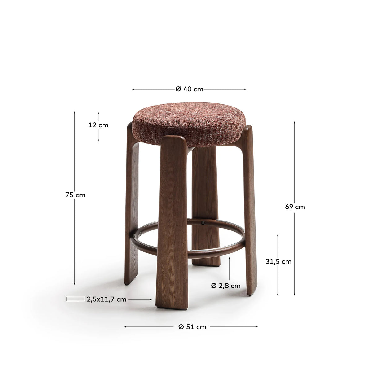 Hocker Granite aus brauner Chenille und massivem Eschenholz mit nussbaumfarbenem Finish, FSC 100%, 75 cm – Bild 3