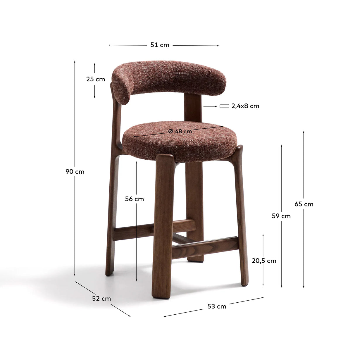 Hocker Granite aus brauner Chenille und massivem Eschenholz mit walnussholzfarbenem Finish, FSC 100%, 65 cm – Bild 4