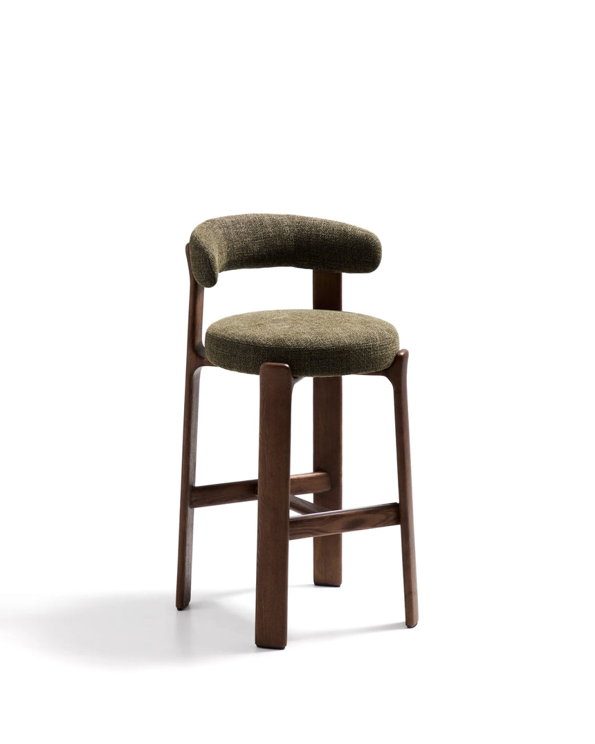 Hocker Granite aus grüner Chenille und massivem Eschenholz mit walnussholzfarbenem Finish, FSC 100%, 75 cm – Bild 1